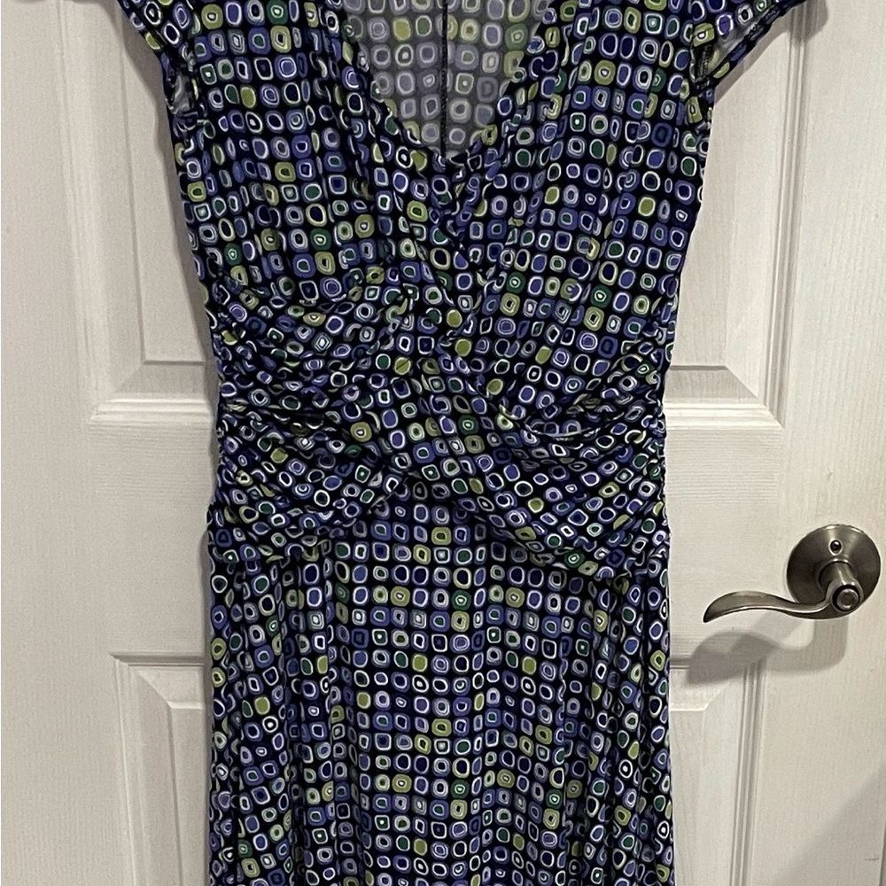 London Style Navy Geometric Twist-Front Midi Dress